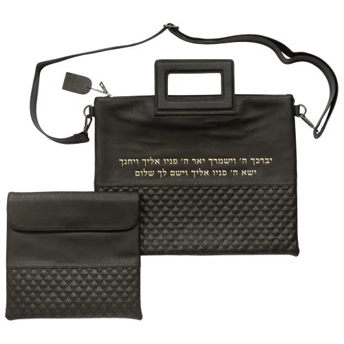 תיק טלית תפילין דמוי עור שחור ברכת כהנים זהב